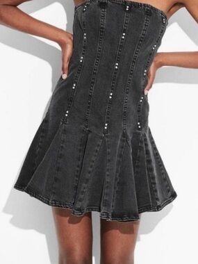 wild fable Black Strapless Denim Fit-and-Flare Dress with Studs